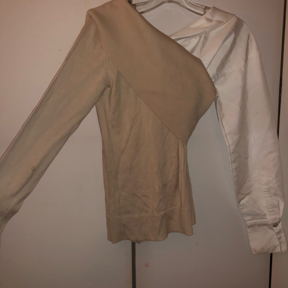 Asymmetrical Two-Tone Long Sleeve Top — Beige & WhiteADE